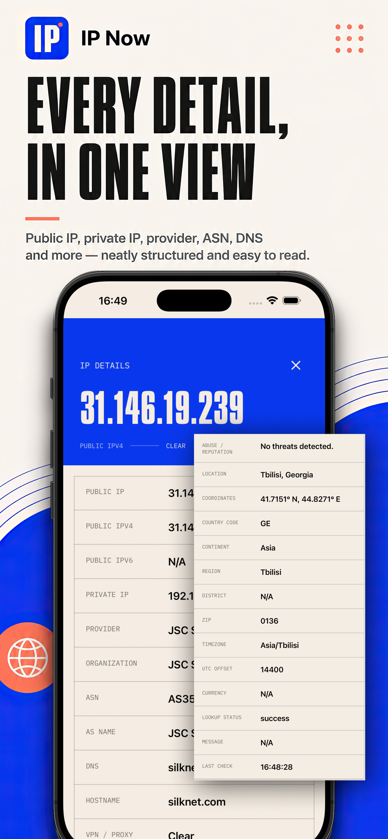 IP Now detailed IP information with ASN, DNS, location, and security status